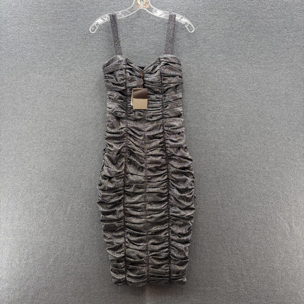 IORANE Dress Womens Small Silver Ruched Bodycon Sweetheart Midi Glitter Party